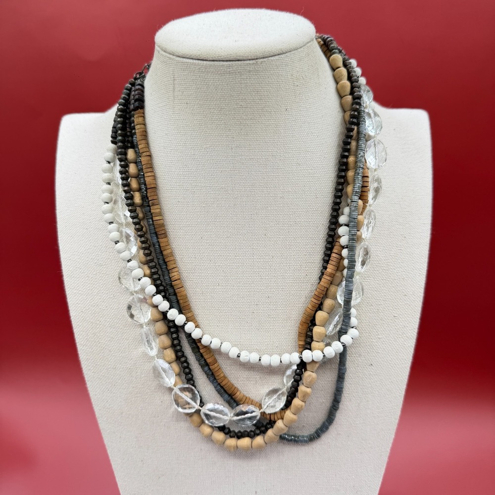LOFT Multi-Strand Beaded Necklace Wood Clear Crystal Gray White Boho Statement